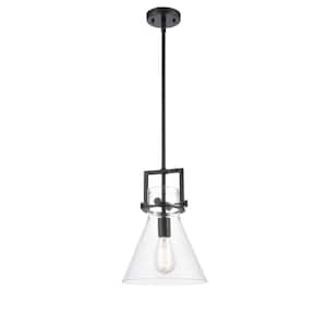 Newton Cone 1-Light Matte Black Clear Shaded Pendant Light with Clear Glass Shade