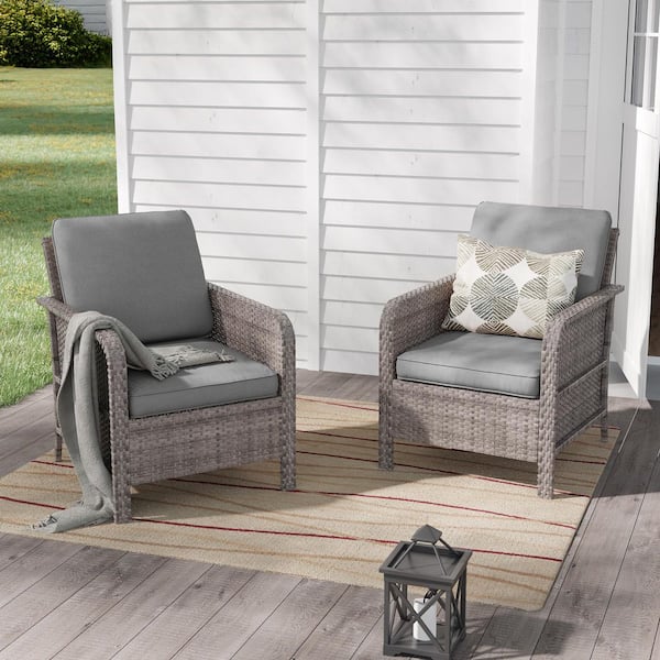 2-Pieces Patio Chair Patio Conversation Set All Weather Gray Wicker Thick Gray Cushions