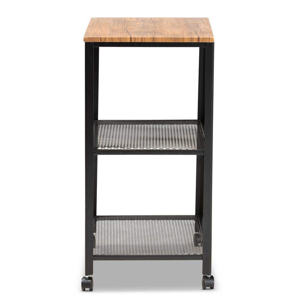Verna Oak Brown and Black Wood Kitchen Serving Cart with Storage