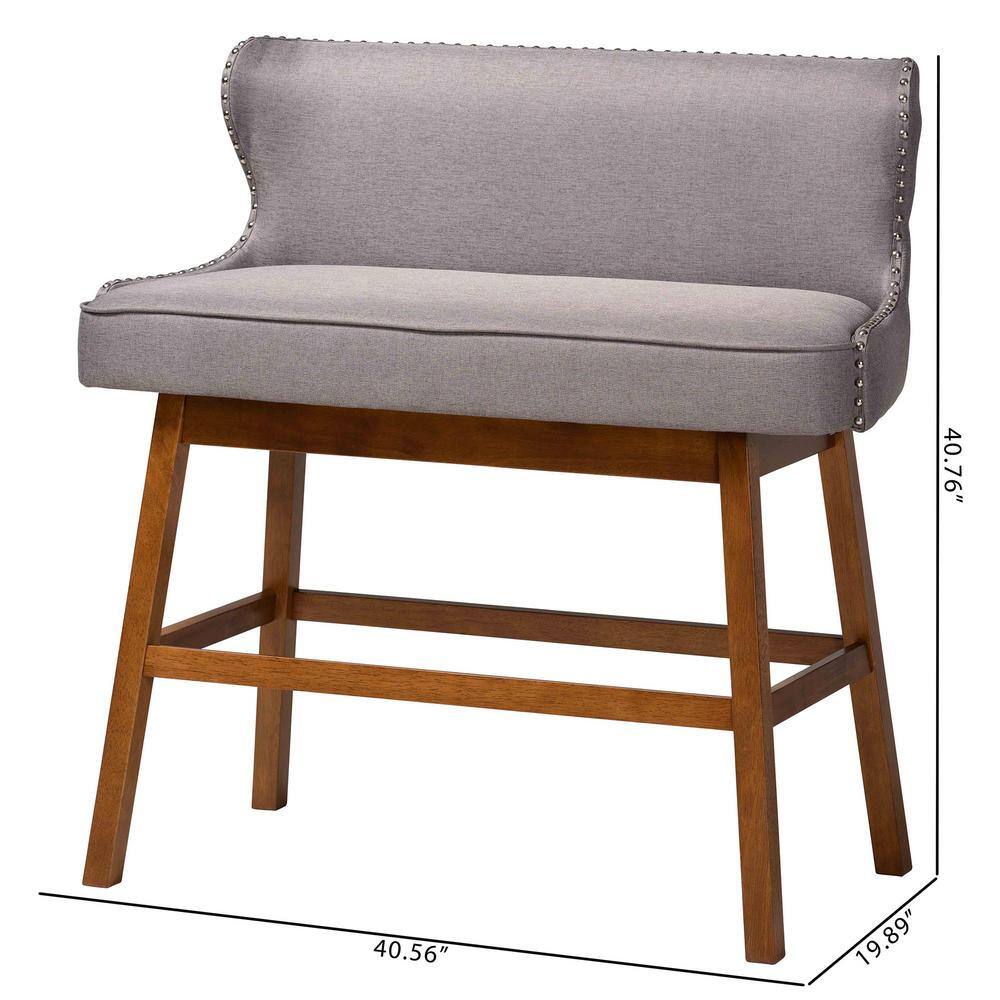 Gray Fabric Button-Tufted Bar Bench with Walnut Legs