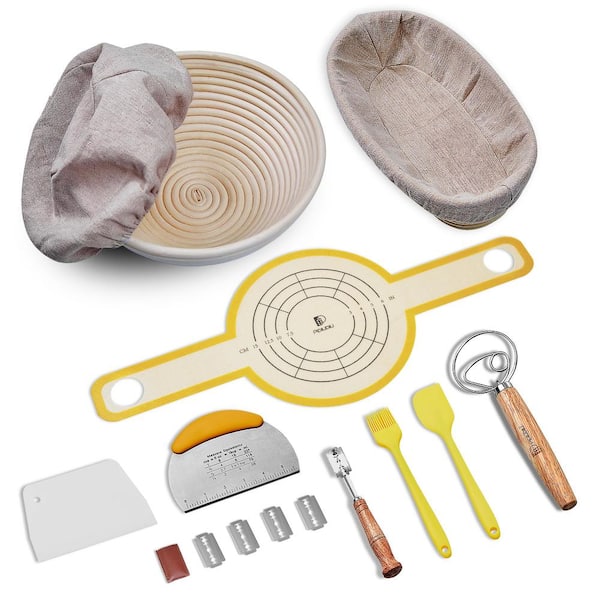 Numhew 10 in. Oval and 9 in. Round Rattan Bread Proofing Basket Set with Liner, Bread Sling, Dough Whisk, Scraper and More