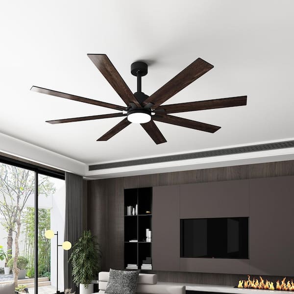 FUFU&GAGA 72.7 in. Black Housing Color Integrated LED Indoor/Outdoor Ceiling Fan with Light, Wooden Downrod Ceiling Fan, DC Motor