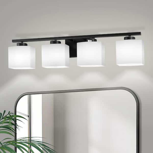 YANSUN 31 in. 4 Light Matte Black Modern Square Vanity Light for Bathroom, Bedroom, Hallway with Milk White Glass Shades