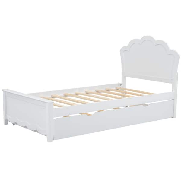 White Wood Frame Twin Size Platform Bed with Twin Size Trundle and Headboard