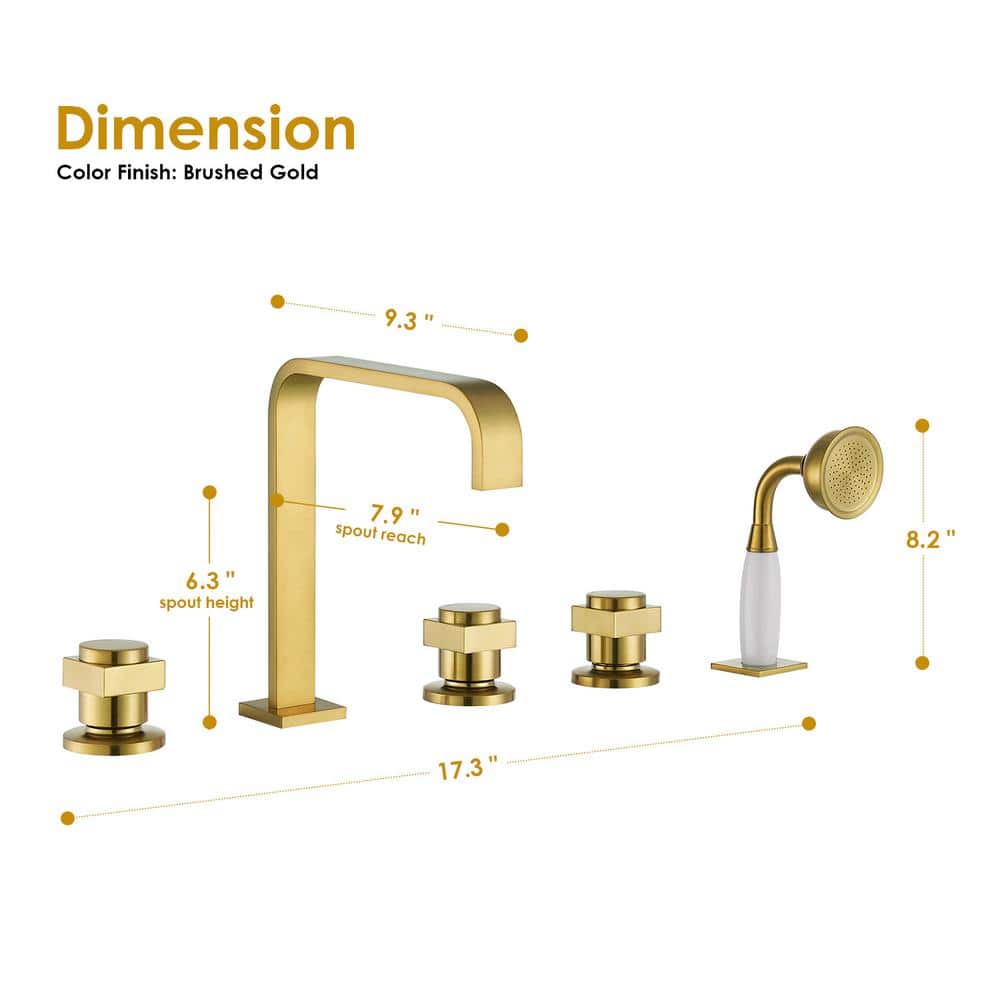 Brushed Gold Stainless Steel Triple Handle Deck-Mount Roman Tub Faucet