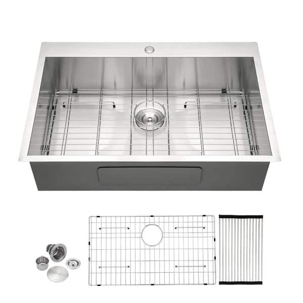 33 in. Drop-in Single Bowl 16 Gauge Brushed Nickel Stainless Steel Kitchen Sink with Drain