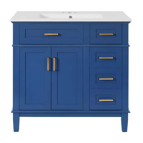 JUJABU 36 in. Freestanding Blue Bath Vanity with White Ceramic Top
