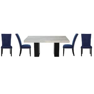 Camila White Marble 70 in. Rectangle Dining Set 5-Pieces with 4-Blue Velvet Upholstered Side Chair