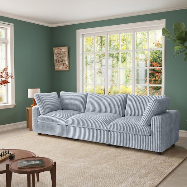 J&E Home Oversized 118.1 in. W Square Arm 3-Piece Rabbit Velvet Plush Modular Sectional Sofa with Slipcover in Gray 3-Seater