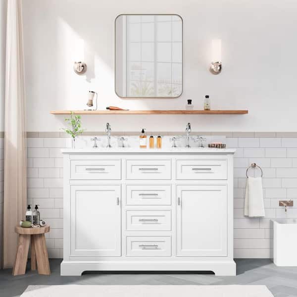 美中古デニイロ343 ホワイトスネイク Jearey 48 in. White Wood Double Sink Freestanding Bathroom Vanity