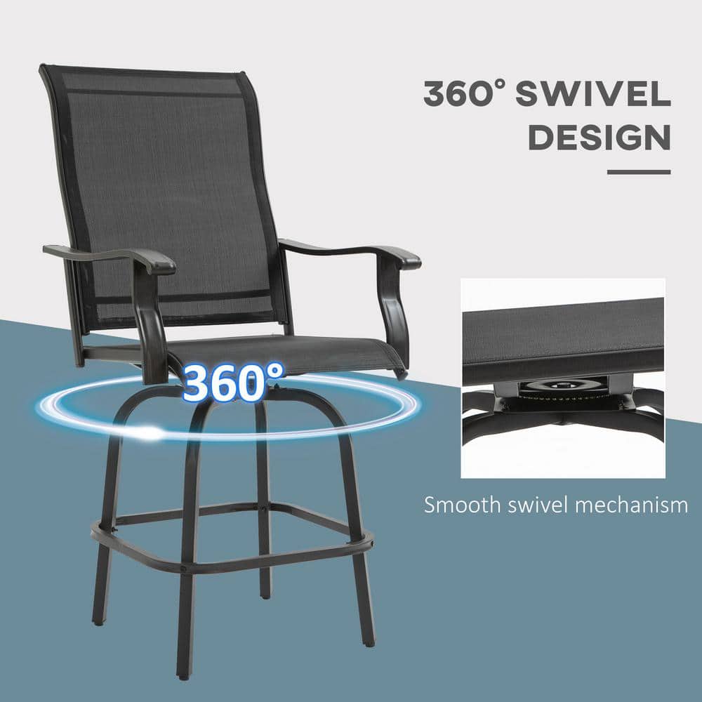 Café-Style Swivel Patio Bar Chair Set in Black Sling Fabric