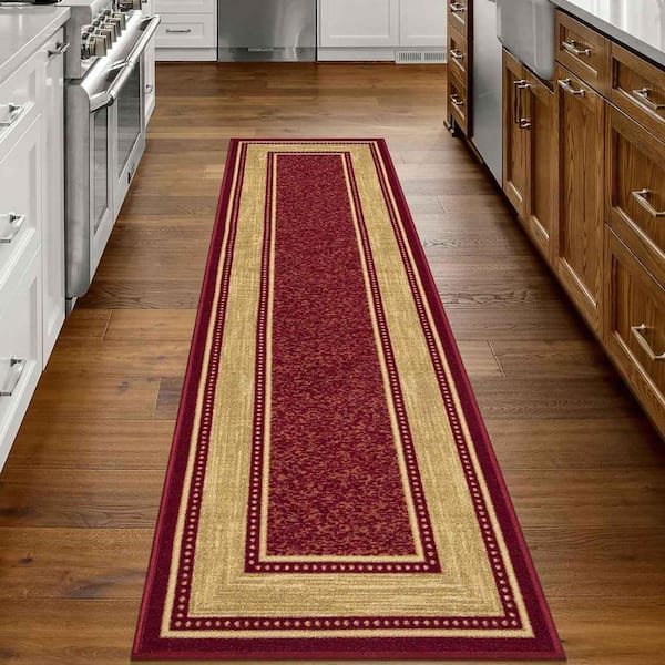 House Collection Non-Slip Rubberback Border Design 2x7 Indoor Runner Rug, 1 ft. 10 in. x 7 ft., Red/Beige