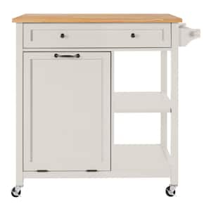 Bainport Ivory Wooden Kitchen Cart on Wheels with Trash Storage and Butcher Block Top (34" W)