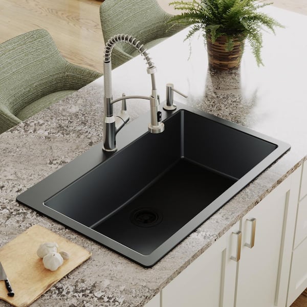 Quartz 33 in. Large Single Bowl Drop-In Kitchen Sink in Black