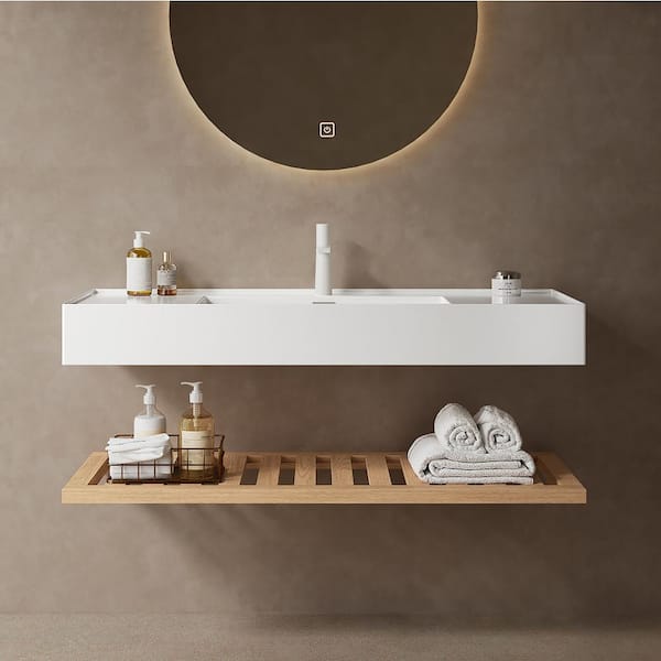 48 in. White Acrylic Wall-Mounted Bathroom Integrated Sink and Shelf