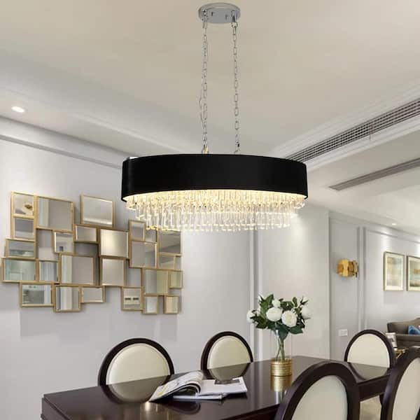 Runesay 39.4 in. 8-Light Black and Transparent Oval Nordic Adjustable Height Chandelier for Bedroom Dining Room