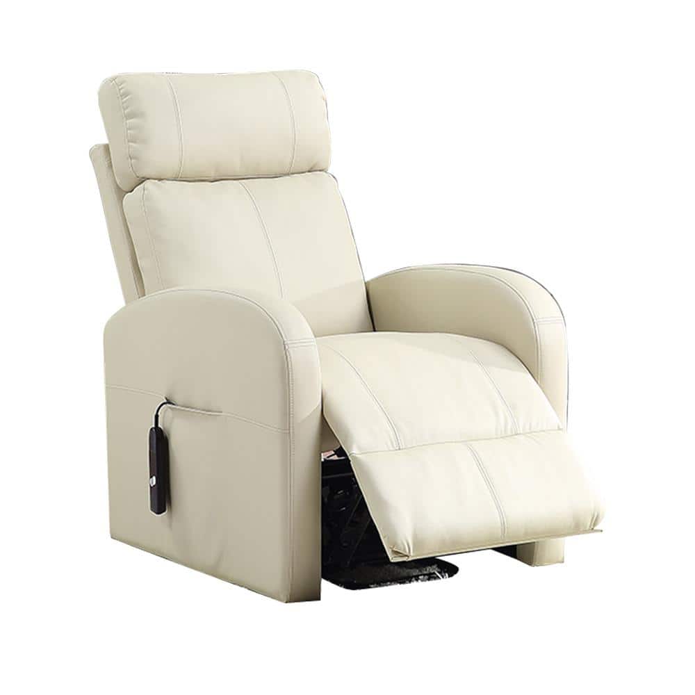 Beige 28'' PU Leather Swivel Recliner with Lift and Wood Accents