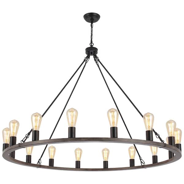 16 - Light Brown/Black Dimmable Wagon Wheel Chandelier for Farmhouse Kitchen Island with no bulbs included