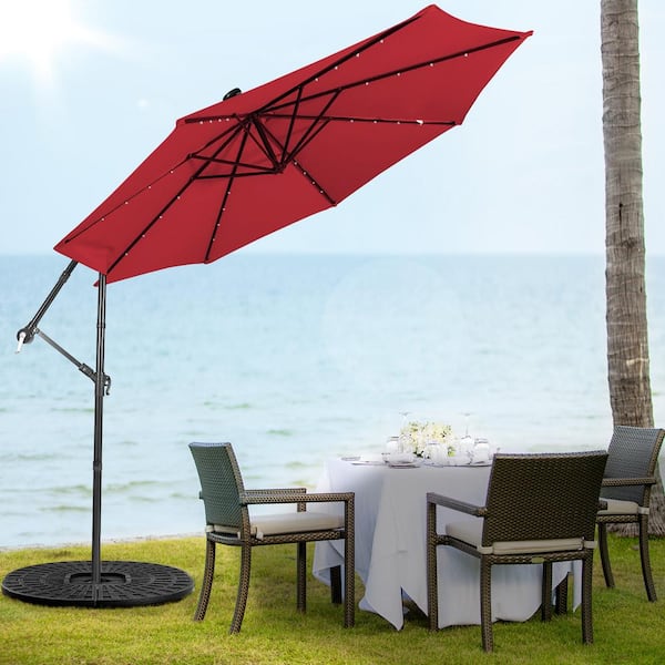 FORCLOVER 10 ft. Metal Cantilever Patio Umbrella with 32 LED Lights and Tilting System in Red