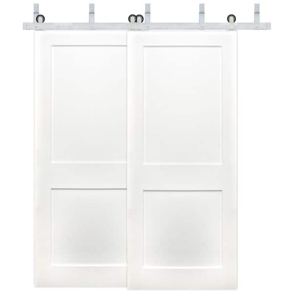 72 in. x 80 in. Bypass Shaker 2-Panel Solid Core Prime Pine Wood Sliding Barn Door w/ Satin Nickel Hardware Kit