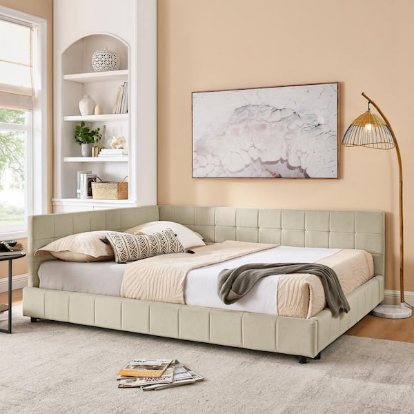 Nola Beige Velvet Upholstered Queen Size Daybed with Tufted Bed Frame, Armrests