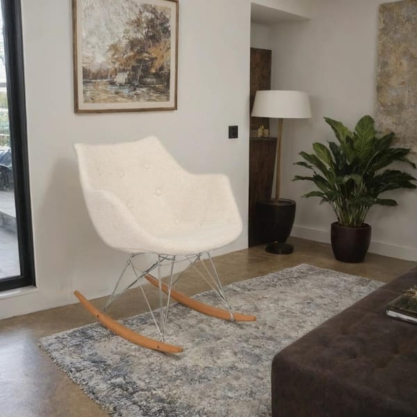 Leisuremod Accent Rocking Chair Upholstered in Polyester Velvet with Ash Wood Dowel Base Curved Back in Beige/Polyester