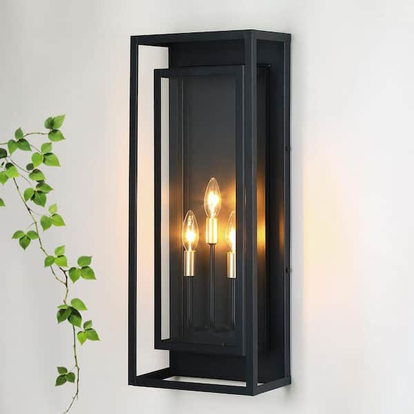 3-Light 25 in. H Large Matte Black Outdoor Wall Sconce with Clear Glass Shade, Hardwired