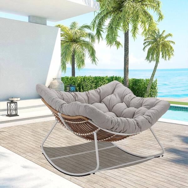 Metal Outdoor Rocking Chair White Frame with Light Gray Cushion Water Resistant for Backyard Patio Poolside