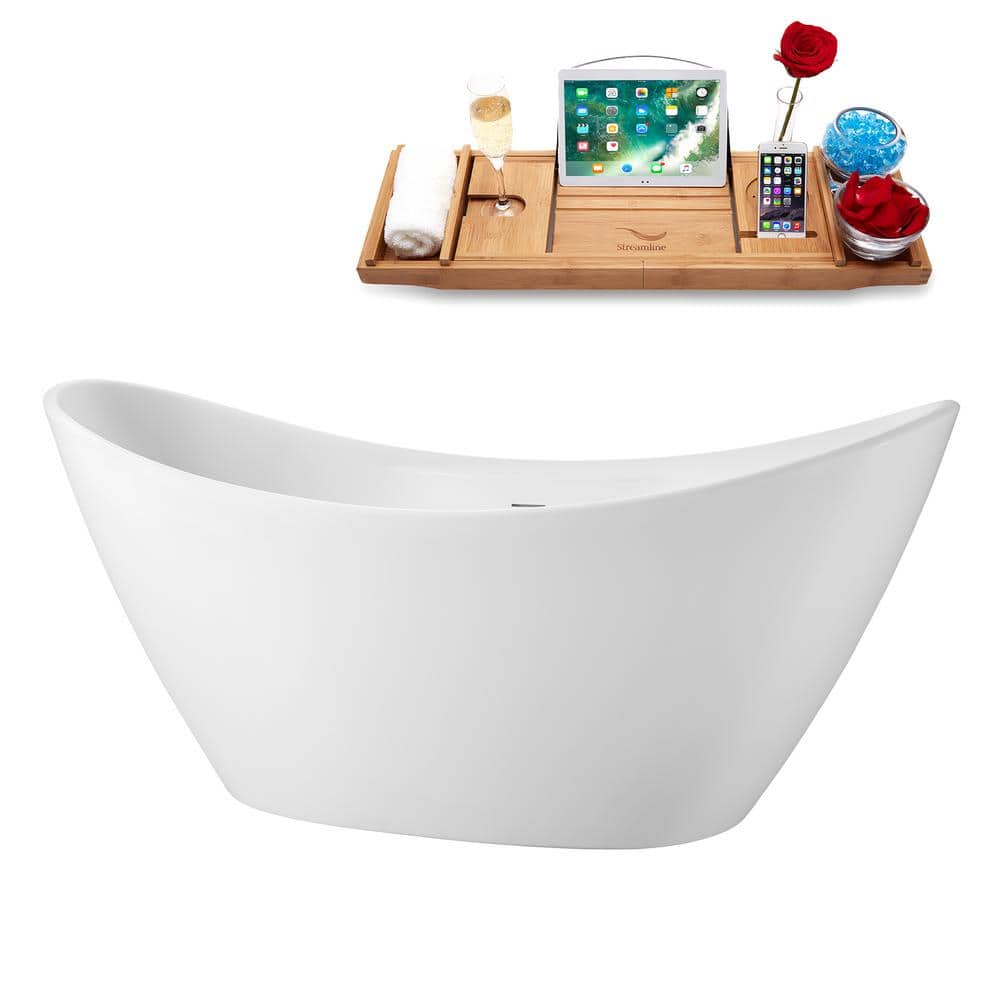 68" Glossy White Acrylic Double Slipper Freestanding Tub with Tray