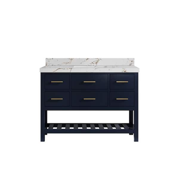 Willow Collections Parker 48 in. Single Sink Freestanding Navy Blue Bath Vanity with Viola Brown Quartz Top Unassembled