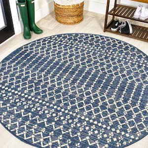 Ourika Moroccan Geometric Textured Weave Navy/Beige 5 ft. Round Indoor/Outdoor Area Rug
