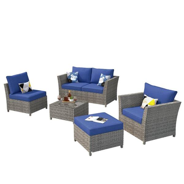 Bexley Gray 6-Piece Wicker Patio Conversation Seating Set with Navy Blue Cushions