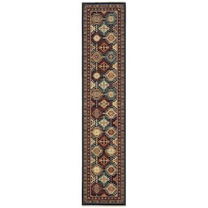 Lillian Navy/Multi 2 ft. x 12 ft. Oriental Medallion Geometric Wool/Nylon Blend Fringed-Edge Indoor Runner Area Rug