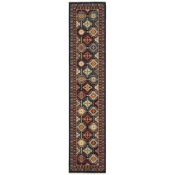 Lillian Navy/Multi 2 ft. x 12 ft. Oriental Medallion Geometric Wool/Nylon Blend Fringed-Edge Indoor Runner Area Rug