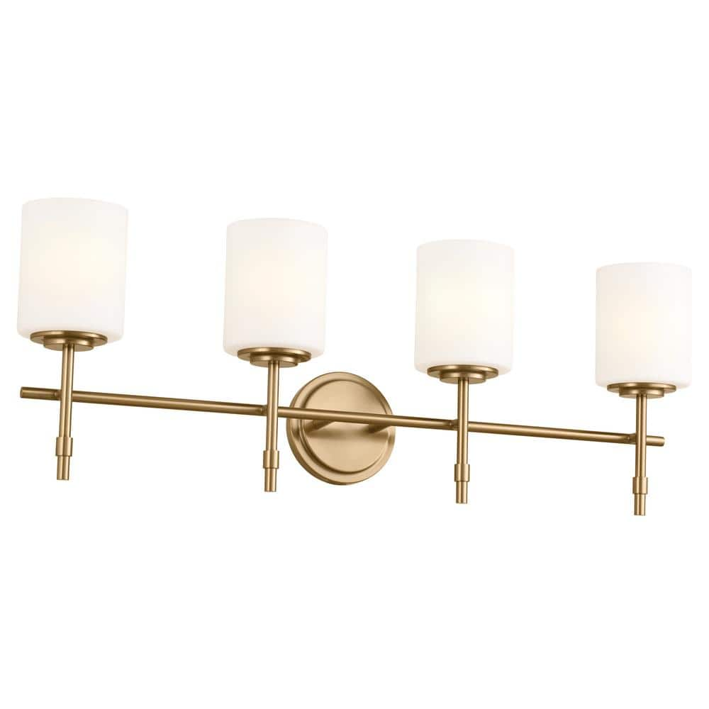 KICHLER Ali 32.5 in. 4-Light Brushed Natural Brass Traditional Bathroom Vanity Light with Satin Etched Case Opal Glass Shades