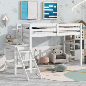 New Upgrade Pine Wood White Twin Loft Bed Kid Bed Frame with Platform, Guard Rail and Ladder, No Box Spring Needed