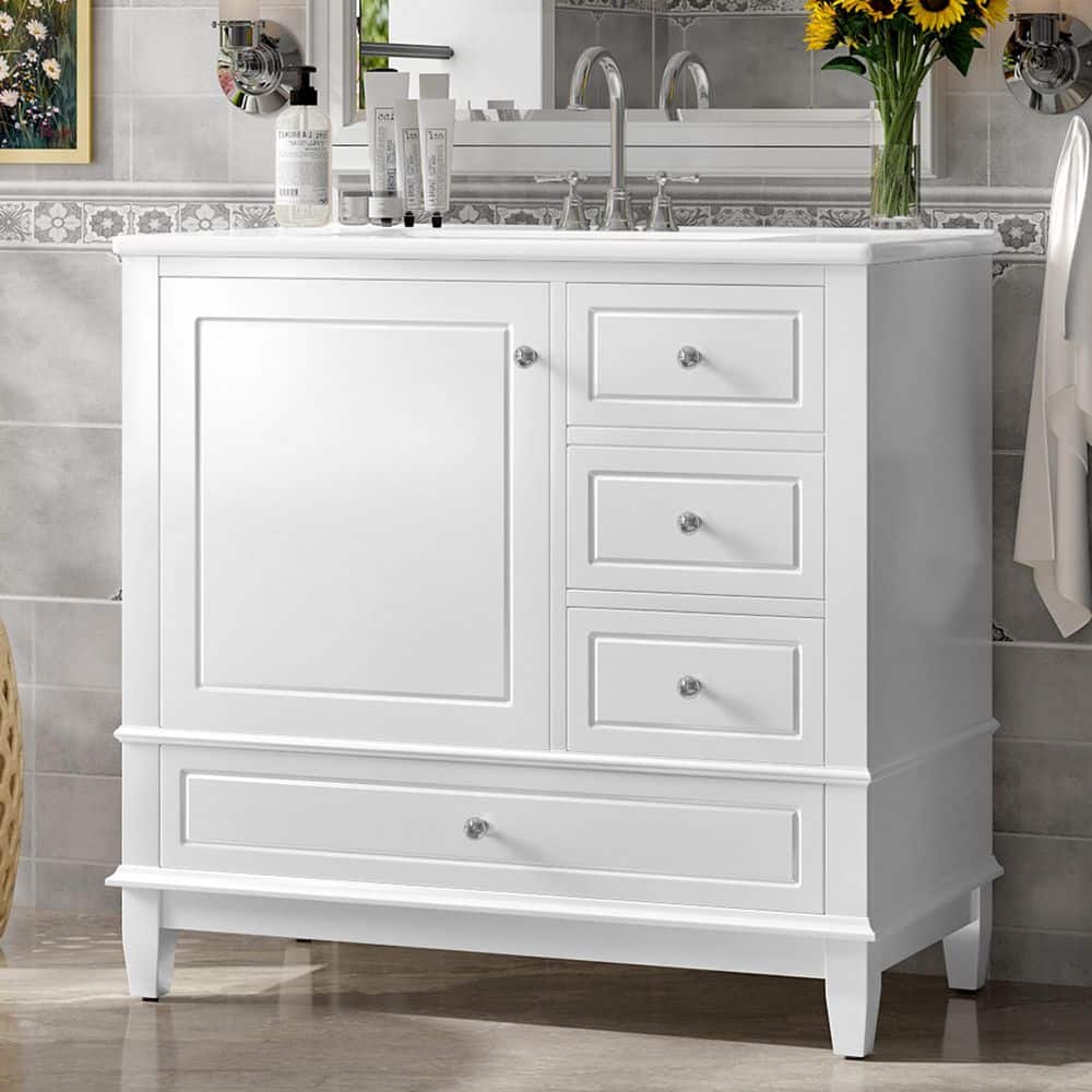 36 in. Single Sink Freestanding White Bath Vanity with White Ceramic Top, 3-Drawers, Door Racks, Soft-Close Hinges price history on PriceWatchPro