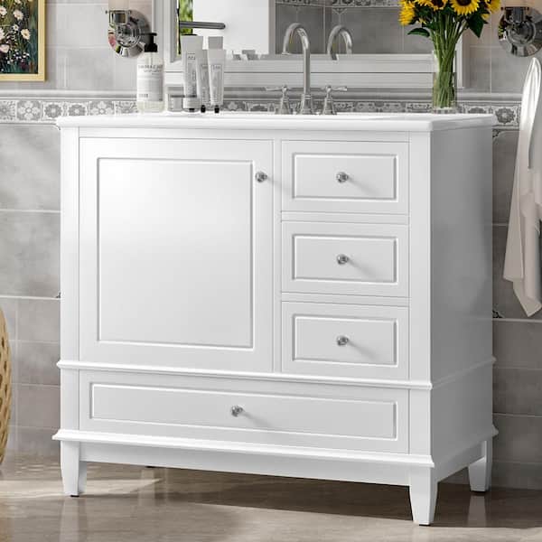 36 in. Single Sink Freestanding White Bath Vanity with White Ceramic Top, 3-Drawers, Door Racks, Soft-Close Hinges