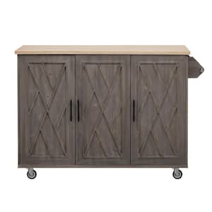 Brown Wood Tabletop 51.2 in. Farmhouse Kitchen Island on 4 Wheels with Drop Leaf, Internal Storage Rack and Towel Rack