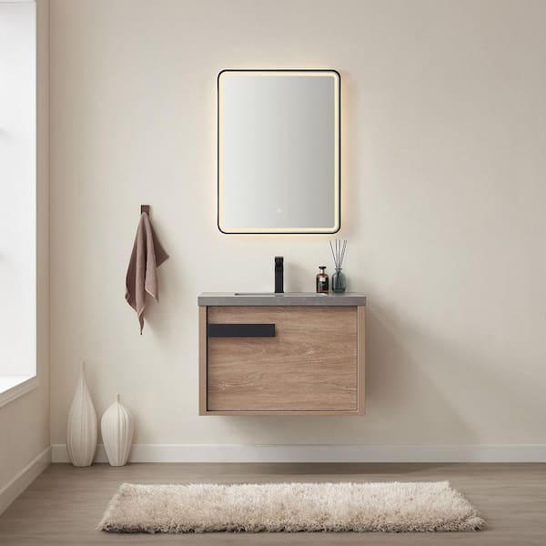 ROSWELL Carcastillo 30 in.W x 22 in.D x 21 in.H Single Sink Bath Vanity in N.American Oak with Grey Natural Stone Top and Mirror