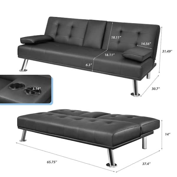 Lacoo Black 66 In Faux Leather, Futon Sofa Bed Modern Faux Leather Couch
