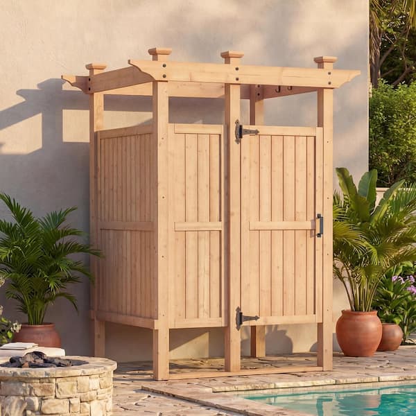 Durable Cedar Wood Outdoor Shower Enclosure with Lockable Privacy Door, Sturdy Frame for Poolside or Garden Use