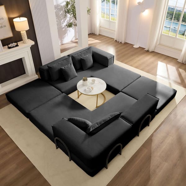 Convertible 157.5 in. Corduroy Foam-Filled Modular Sectional Sofa in Black with 6-Pillows, Sofa Bed