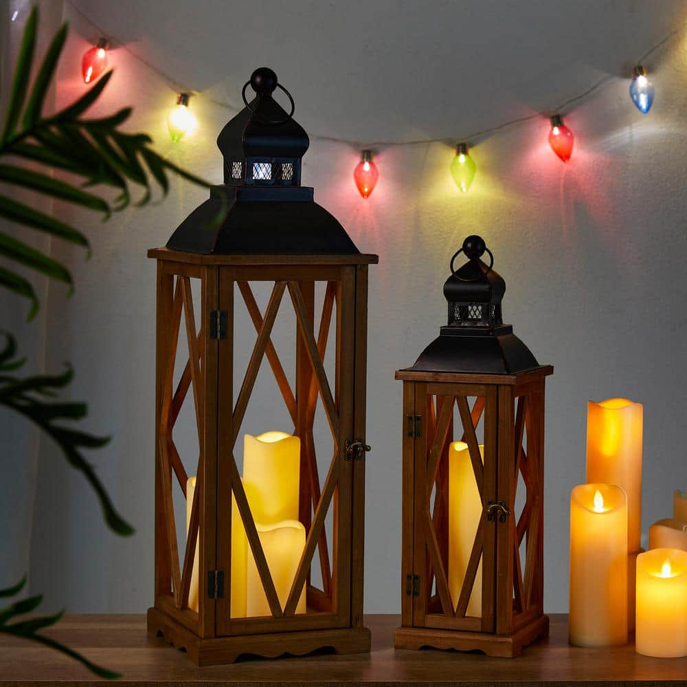 Glitzhome Farmhouse Diamond Multi Wood/ Metal Antique Lanterns Set of 2 ...