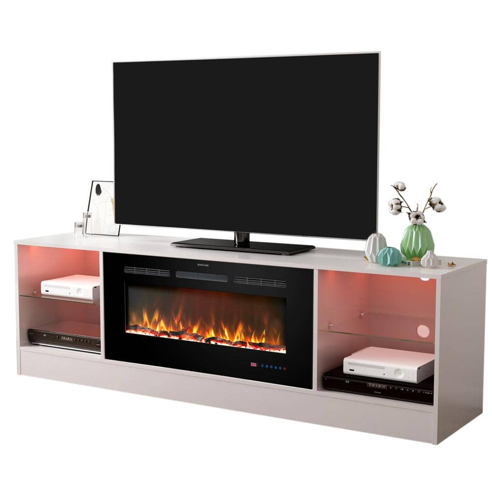White Wooden 72" TV Stand with Electric Fireplace and LED Lights