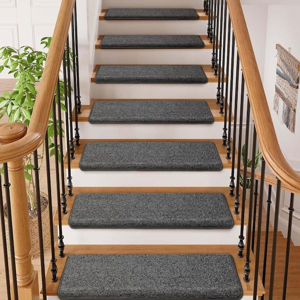 PURE ERA Dark Grey 9.5 in. x 30 in. x 1.2 in. Polypropylene Bullnose Tape Free Non Slip Carpet Stair Treads Covers Set of 14