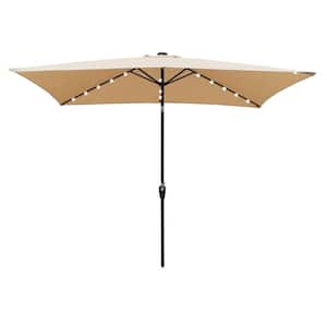 10 x 6.5 ft. Rectangular Patio Solar LED Lighted Outdoor Market Umbrellas with Crank and Push Button Tilt in Tan