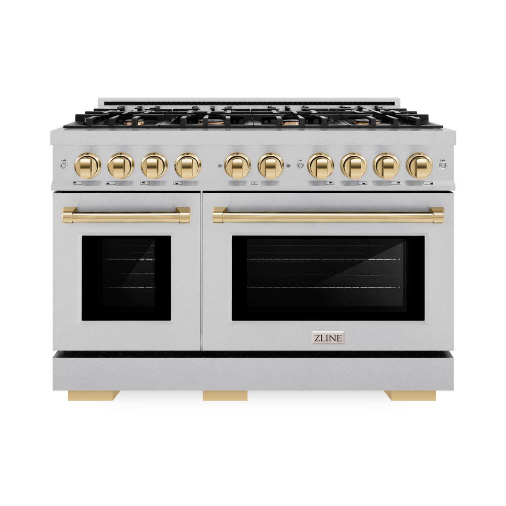 Autograph 48 in. Select Double Oven Gas Range with 8 Burner Cooktop in Satin Steel and Polished Gold Accents price history on PriceWatchPro