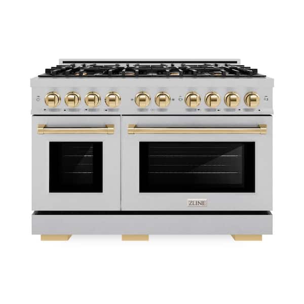 ZLINE Kitchen and Bath Autograph 48 in. Select Double Oven Gas Range with 8 Burner Cooktop in Satin Steel and Polished Gold Accents