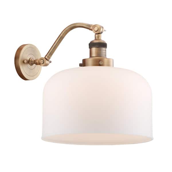 Bell 1-Light Matte White, Brushed Brass Wall Sconce with White Glass Shade